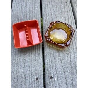 Vintage Ashtrays Amber Glass & Orange/Red GES-Line : Made In USA Lot of 2